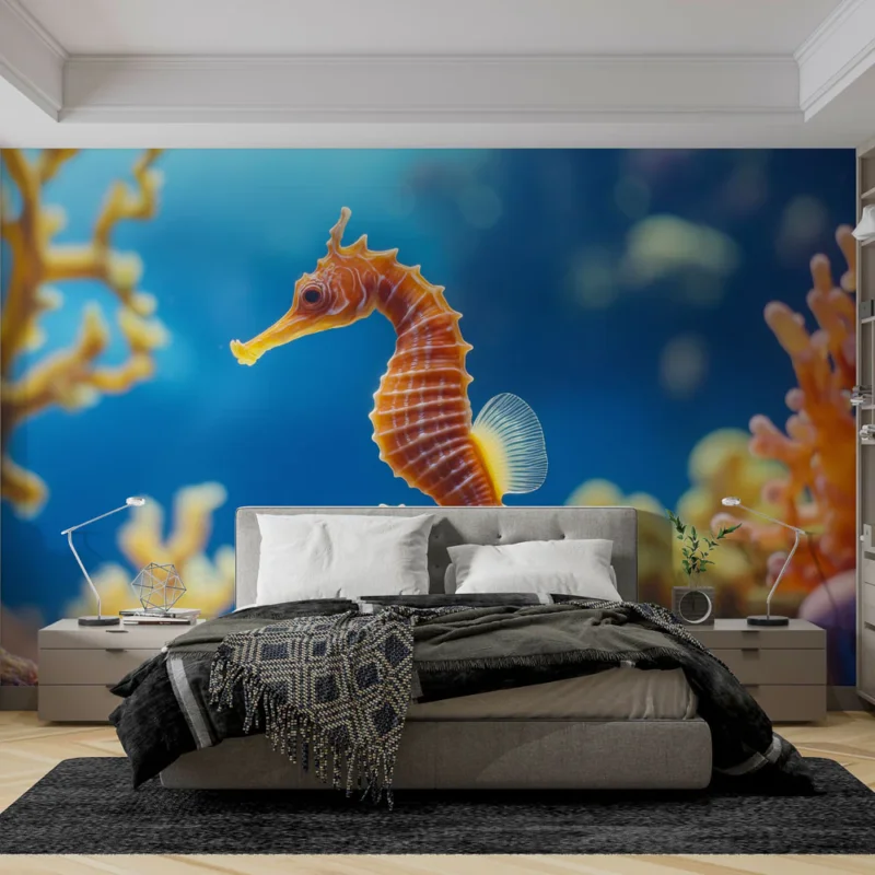Papier peint hippocampe Un élégant hippocampe orange dans un monde sous-marin vibrant Paiement Sécurisé