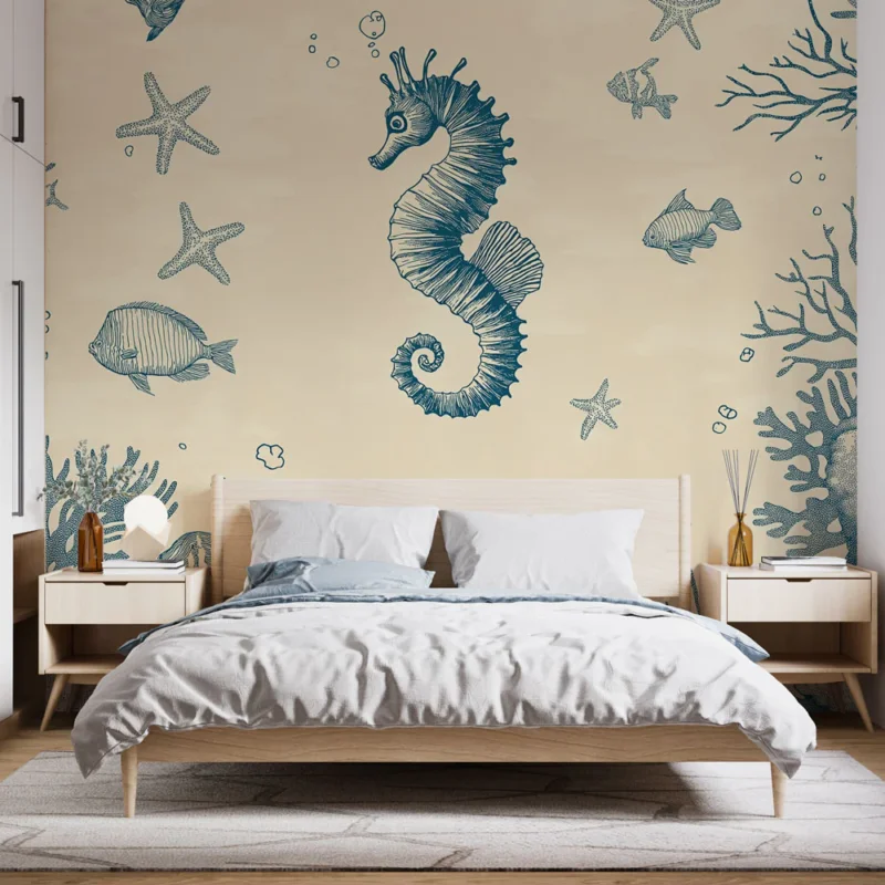 Papier peint hippocampe Motif marin avec hippocampe, poissons et coraux Commande En Gros