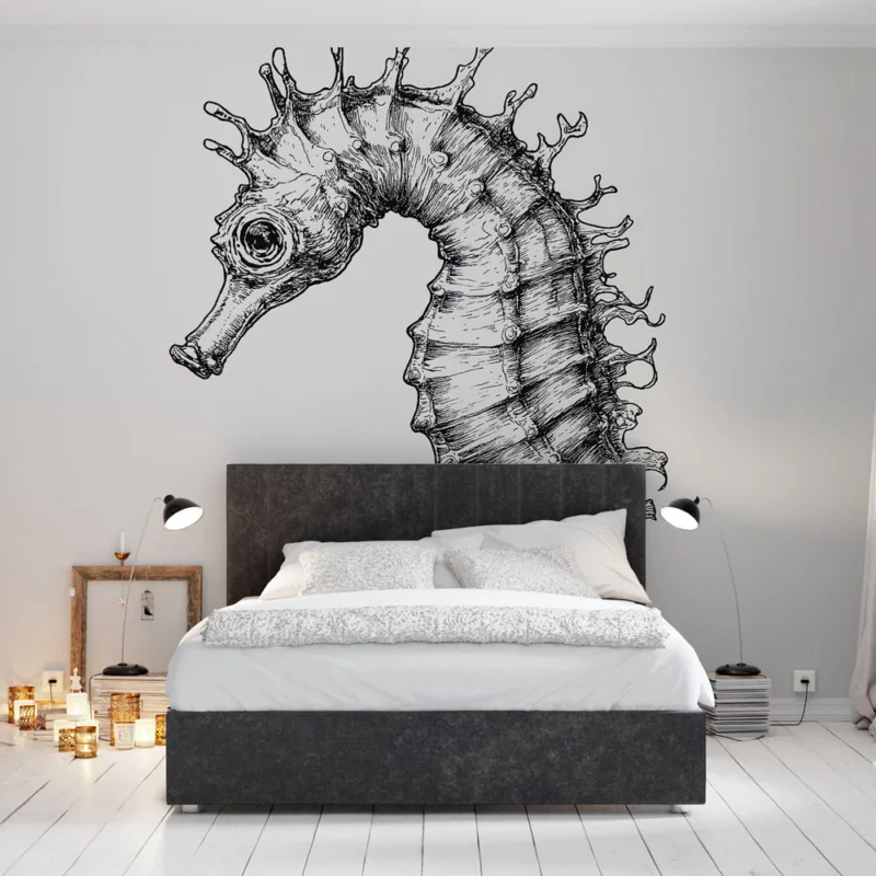 Papier peint hippocampe Illustration délicate d‘un hippocampe en noir et blanc Jusqu'à Épuisement Des Stocks