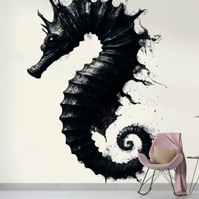 Papier peint hippocampe Motif artistique d‘hippocampe noir sur fond blanc Pas Cher