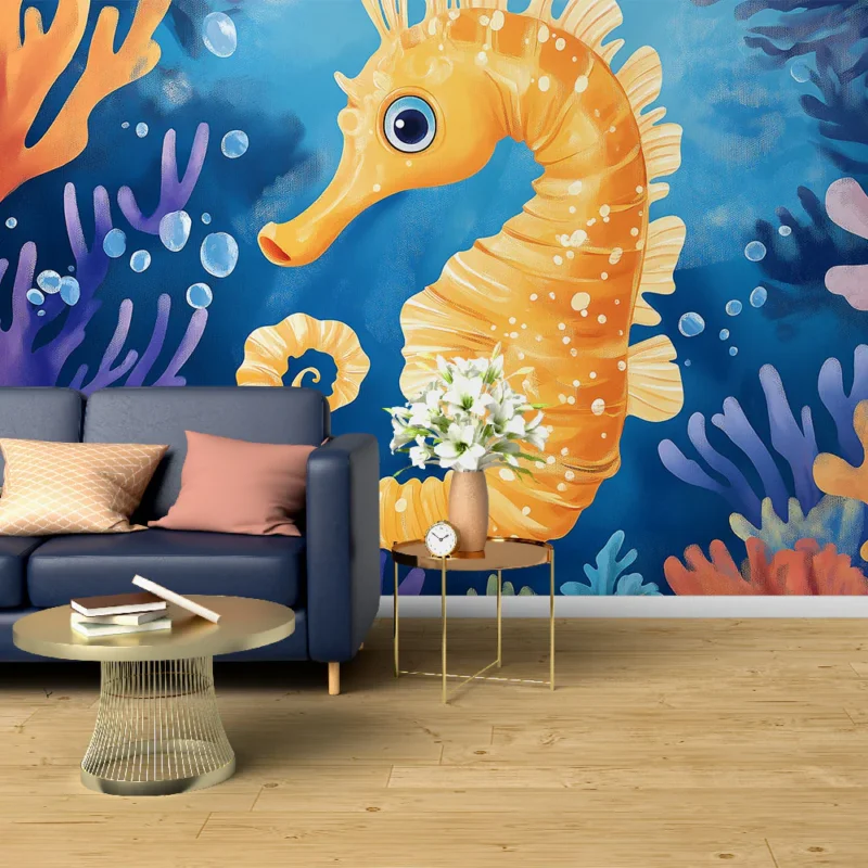 Papier peint hippocampe Illustrations sous-marines colorées avec coraux vibrants Réduction