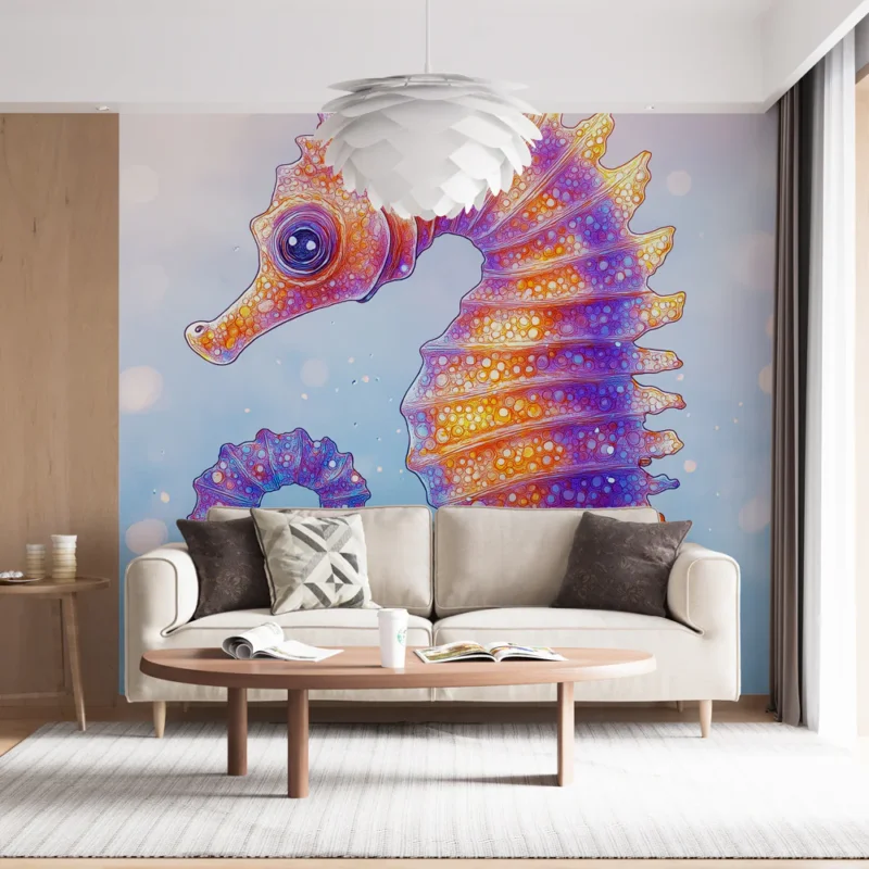 Papier peint hippocampe Illustration vibrante d‘un hippocampe aux couleurs éclatantes Soldes