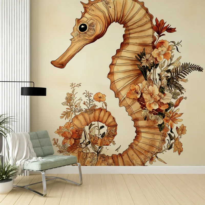 Papier peint hippocampe floral Hippocampe orné de fleurs délicates et de motifs botaniques Pas Cher