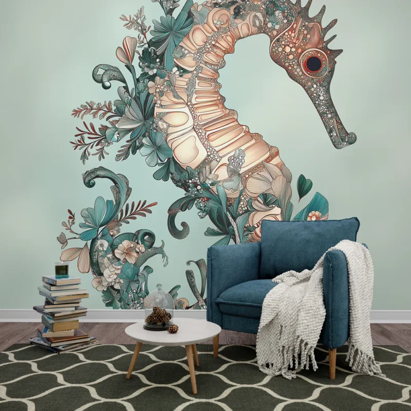 Offre Limitée Papier peint hippocampe Design floral et aquatique en couleurs pastel