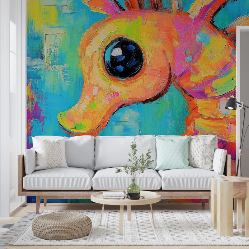 Papier peint hippocampe Illustration colorée d‘un hippocampe vibrant sur fond bleu Must-Have