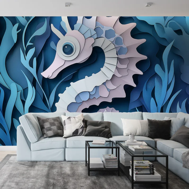 Papier peint hippocampe Design artistique d‘un hippocampe coloré et feuillage marin Usine Directe