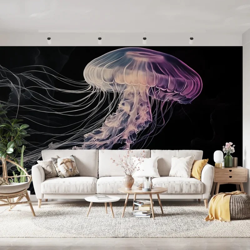 Papier peint méduse Illustration vibrante de méduse flottante sur fond noir Prix Promo