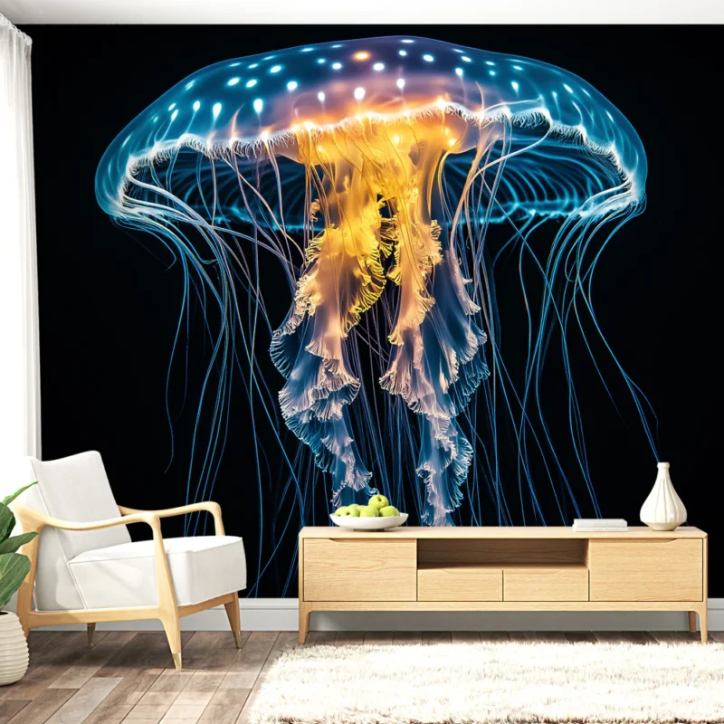 Papier peint méduse Design élégant de méduse lumineuse sur fond noir Marque