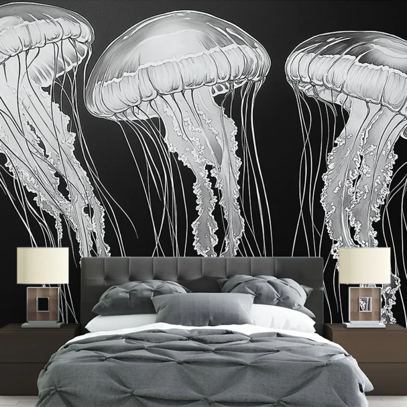 Papier peint méduse Illustration artistique de méduses en noir et blanc Vente Flash