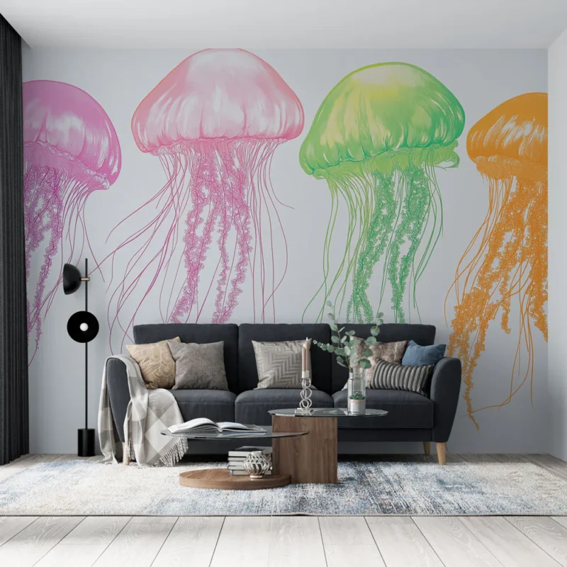 Papier peint méduse colorée Illustrations vives de méduses à motifs aquatiques Usine Directe