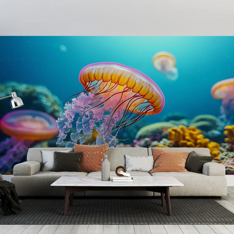 Acheter Direct Papier peint méduse Méduse colorée évoluant dans un milieu sous-marin vibrant