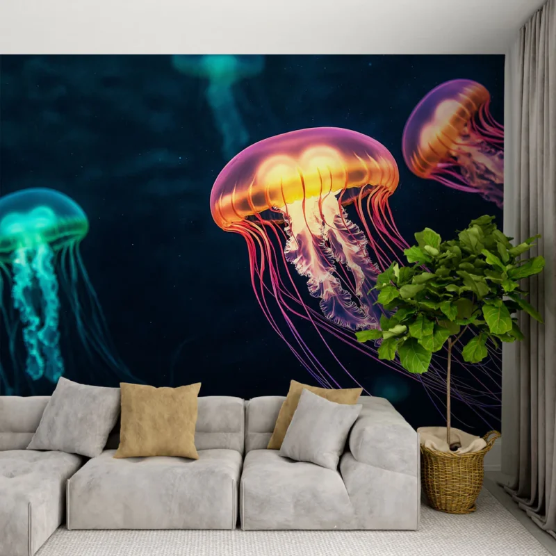 Bon Plan Papier peint méduse Méduses lumineuses et colorées en fond marin