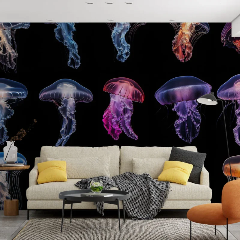 Certifié Papier peint méduses Un motif fascinant de méduses colorées sur fond noir