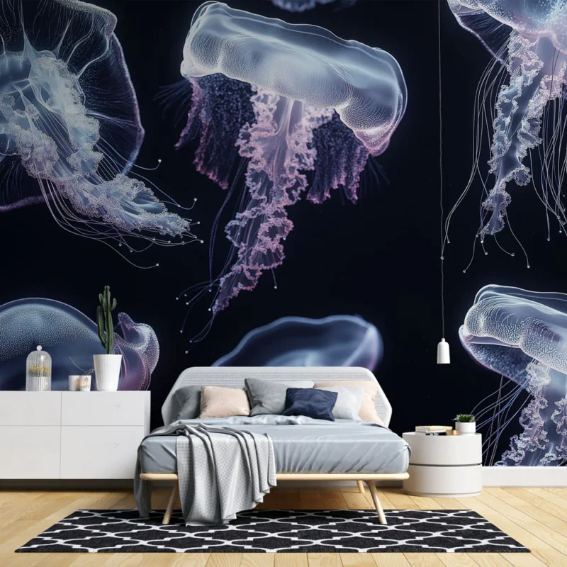Nouveauté Papier peint méduse Motifs de méduses translucides sur fond sombre