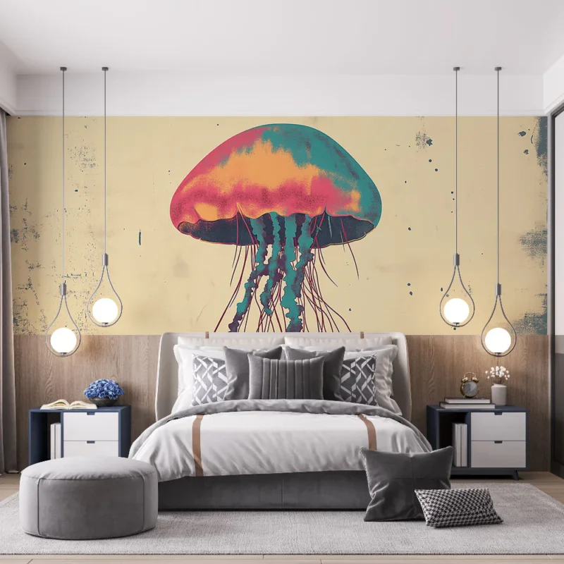 Papier peint méduse Illustrations colorées de méduse sur fond texturé Vente Directe