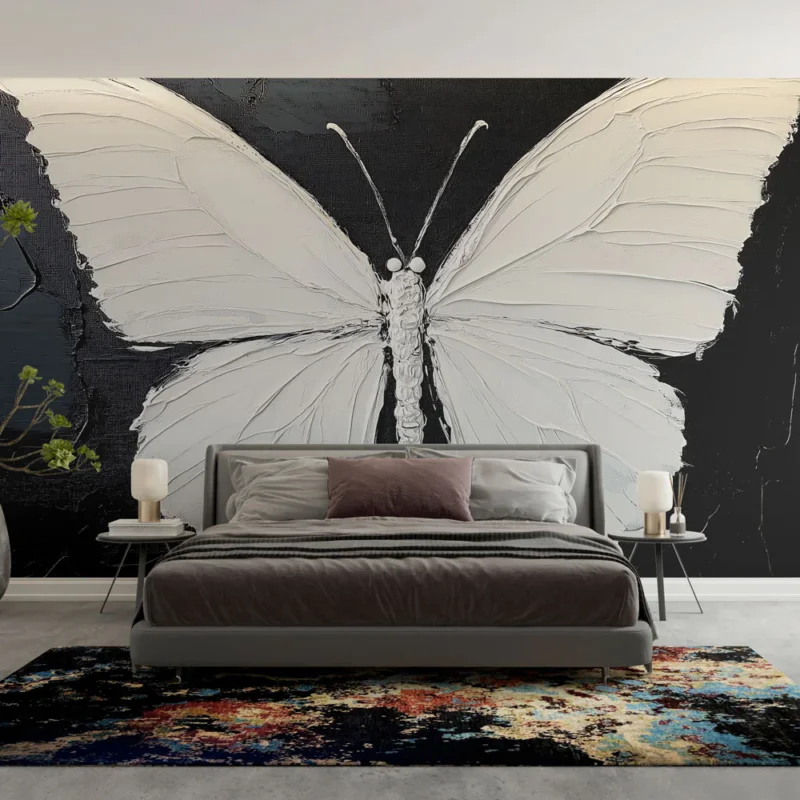 Commander Maintenant Papier peint papillon blanc Relief d‘un papillon sur fond noir