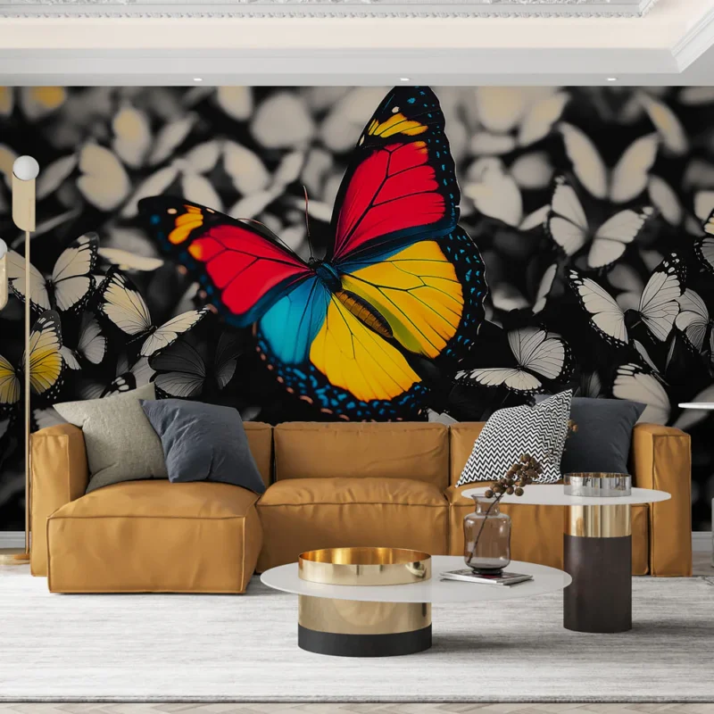 Meilleur Prix Papier peint papillons Papillon coloré sur fond noir et blanc éclatant