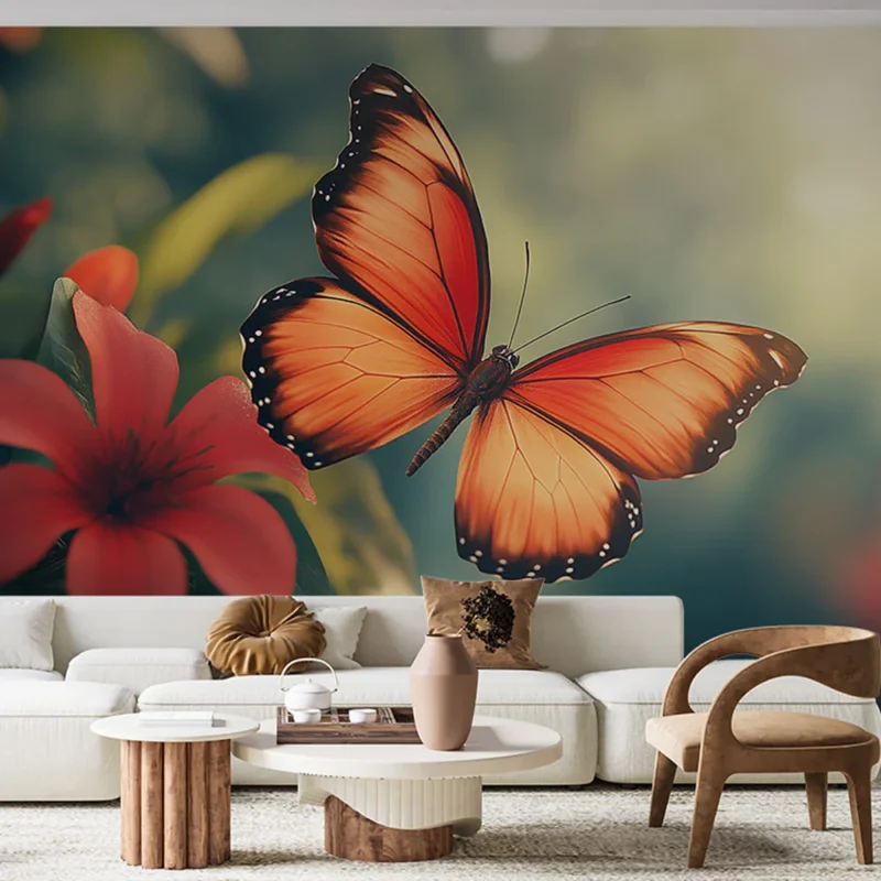 Commande En Gros Papier peint papillon Éblouissant papillon orange sur fond floral