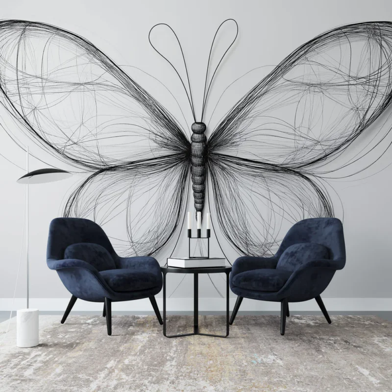 Offre Limitée Papier peint papillon filaire Design élégant de papillon en fils noirs