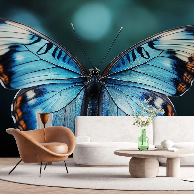 Authentique Papier peint papillon Papillon bleu éclatant sur fond sombre