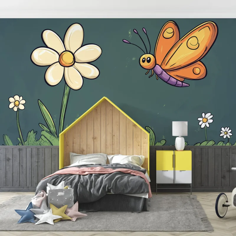 Papier peint insectes et fleurs Motifs ludiques de papillon et de marguerites Prix Promo