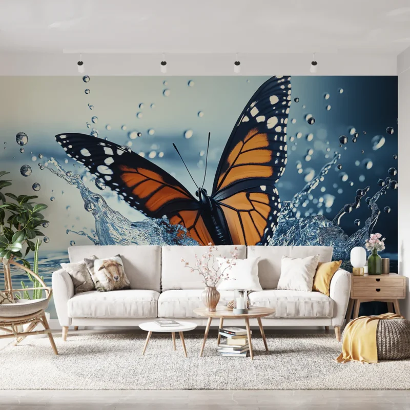 Achat Immédiat Papier peint papillon Un magnifique papillon orange dans un éclat d‘eau