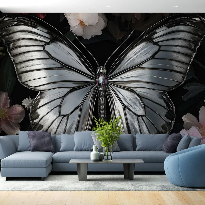 Offre Spéciale Papier peint papillon miroir Papillon argenté sur fond floral vibrant
