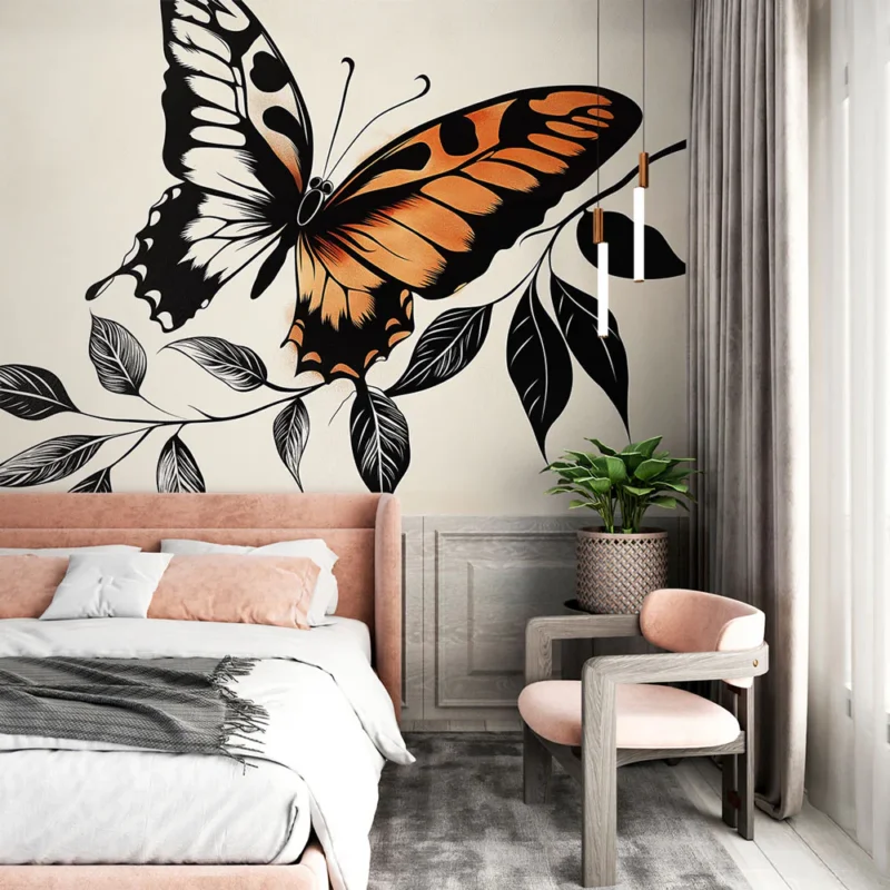 Meilleure Vente Papier peint papillon Un majestueux papillon orange et noir sur fond crème