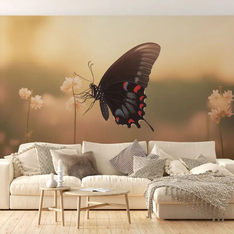 Acheter En Ligne Papier peint papillon Papillon noir vibrant sur fond de fleurs délicates
