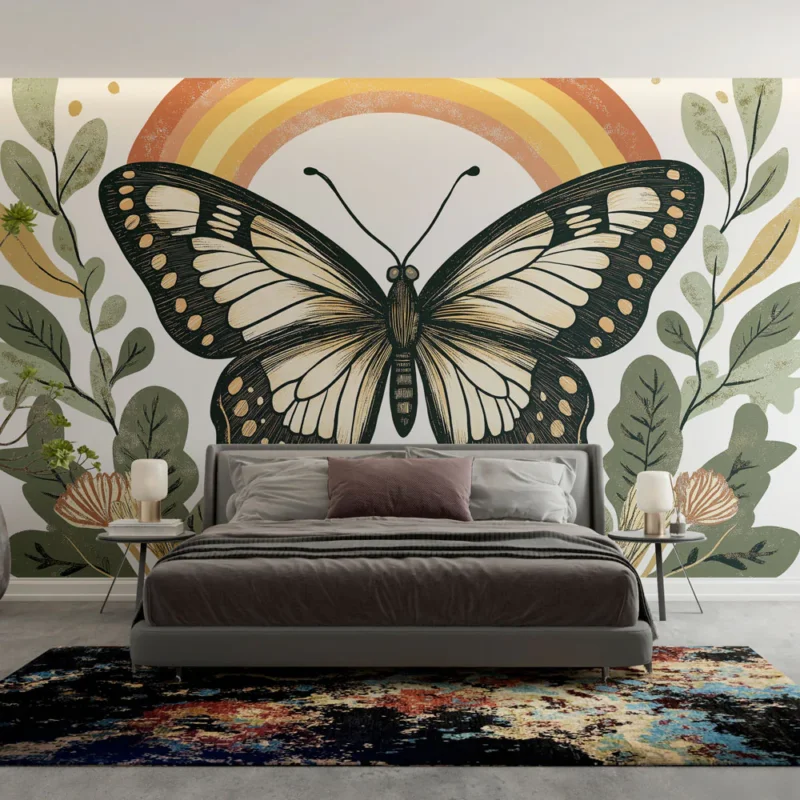 Achat Immédiat Papier peint papillon Élégant motif de papillon avec arc-en-ciel et feuillage