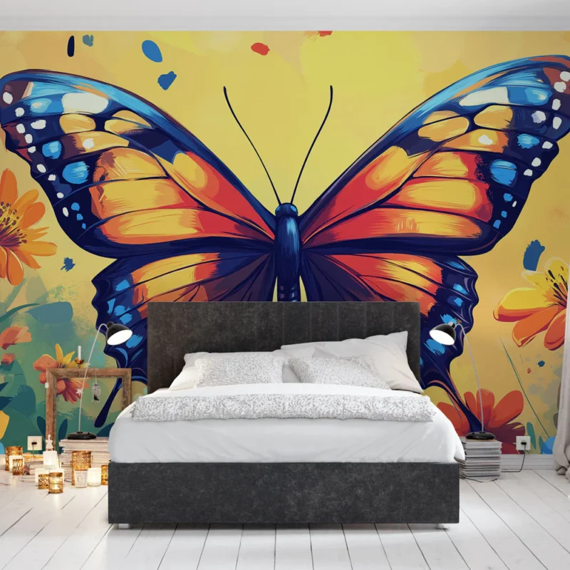 Offre Exclusive Papier peint papillon coloré Papillon vibrant entouré de fleurs éclatantes