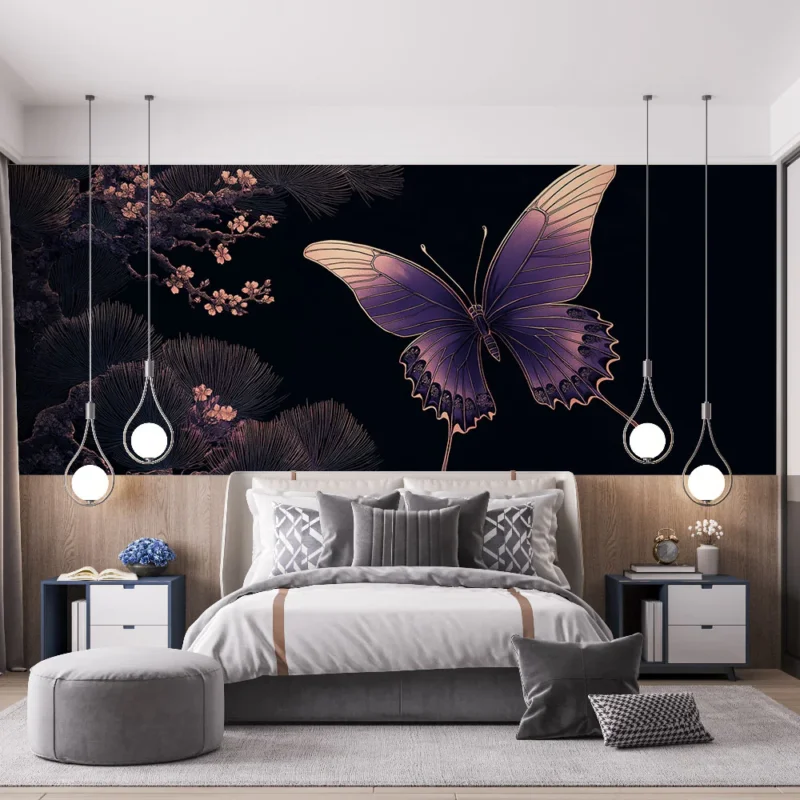 Meilleur Choix Papier peint papillon Papillon coloré sur fond sombre avec des branches florales