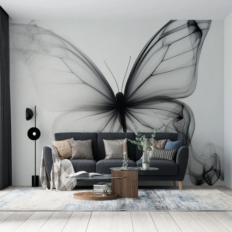 Achat Immédiat Papier peint papillon évanescent Motif délicat de papillon en filigrane noir et blanc