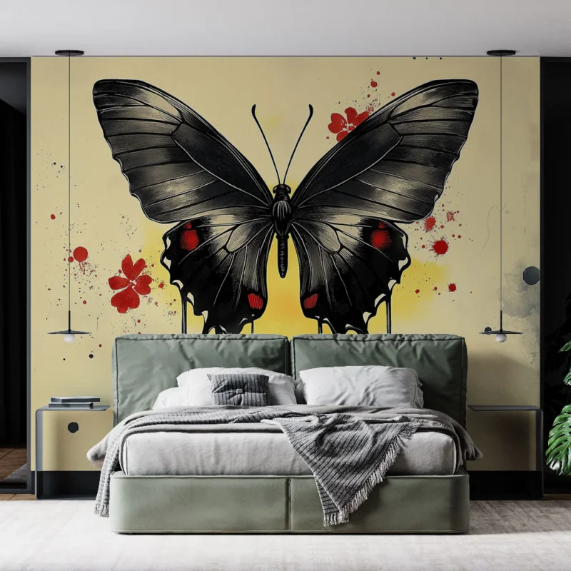 Authentique Papier peint papillon noir Papillon artistique avec des éclaboussures colorées
