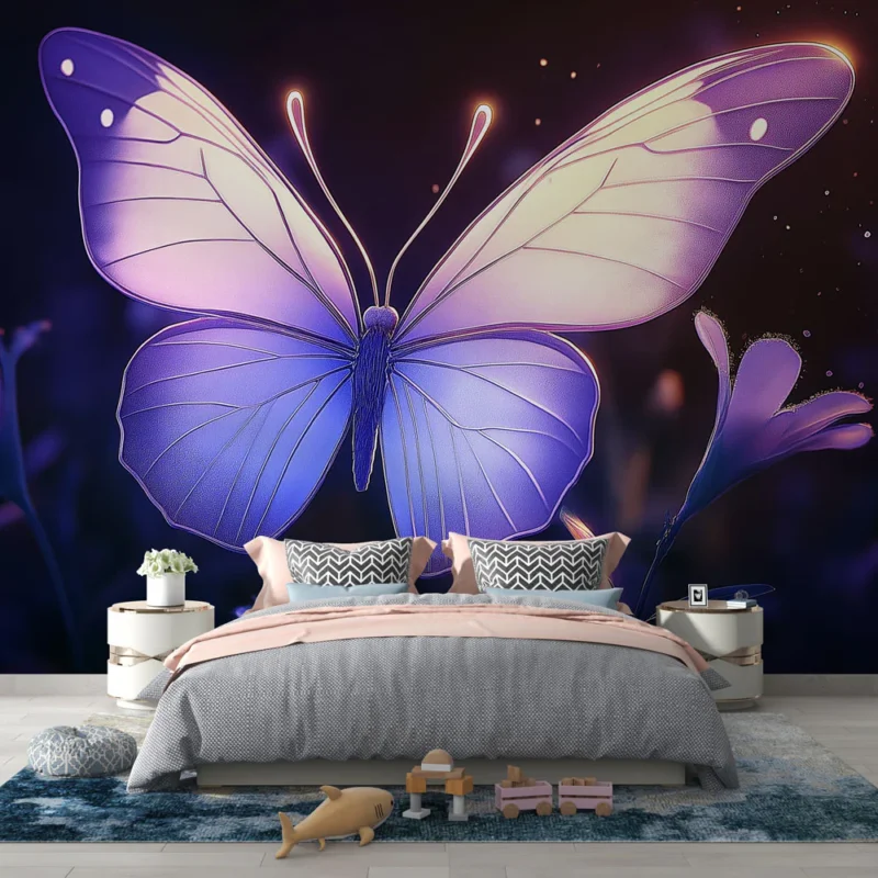 Dernière Chance Papier peint papillon Papillon lumineux sur fond floral nocturne