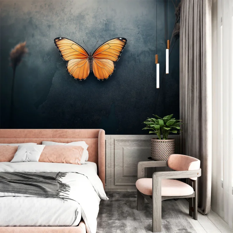 Bon Plan Papier peint papillon Élégant motif de papillon orange sur fond sombre