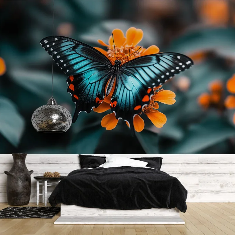Meilleur Prix Papier peint papillon bleu et orange Posé sur des fleurs colorées