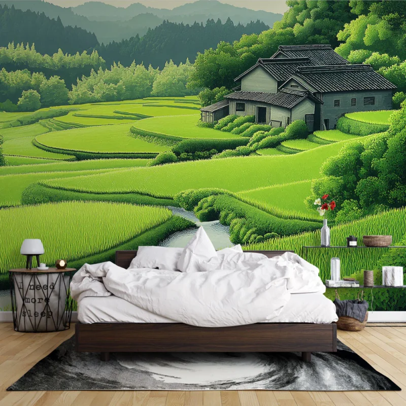 Expédié Aujourd'hui Papier peint paysage de rizières Scène apaisante de rizières verdoyantes et maison traditionnelle