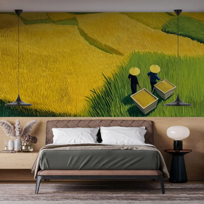 Papier peint champs de riz Paysage rural vibrant en jaune et vert Meilleure Vente