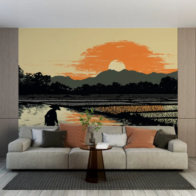 Must-Have Papier peint paysage de rizière Silhouette d‘agriculteur au coucher du soleil