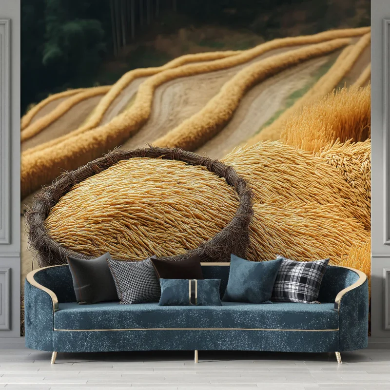 Bon Marché Papier peint champs de blé Éléments dorés dans un paysage naturel apaisant