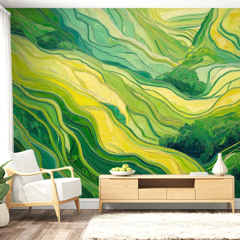 Nouvel Arrivage Papier peint abstrait Motifs ondulés en vert et jaune