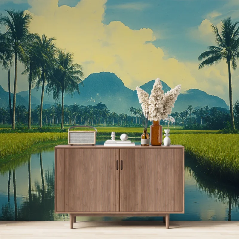 Nouvel Arrivage Papier peint paysage naturel Champs de riz et palmiers sous un ciel nuageux