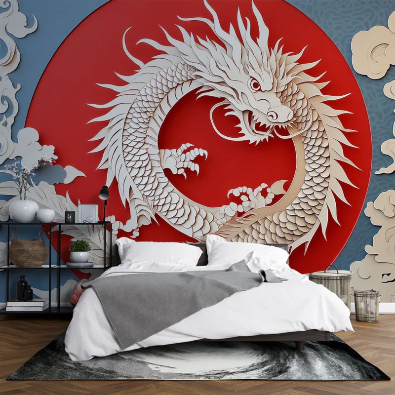Papier peint dragon en papier Design artistique de dragon sur fond rouge Certifié