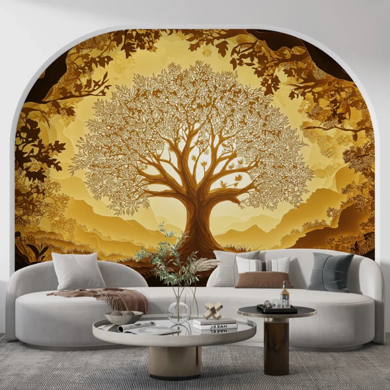 Papier peint arbre doré Arbre majestueux entouré d‘un paysage lumineux Haute Qualité