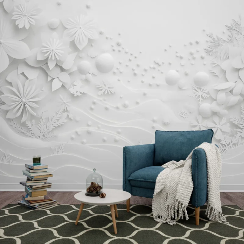 Papier peint floral en relief Motifs délicats de fleurs et de feuilles blanches Dernier Modèle
