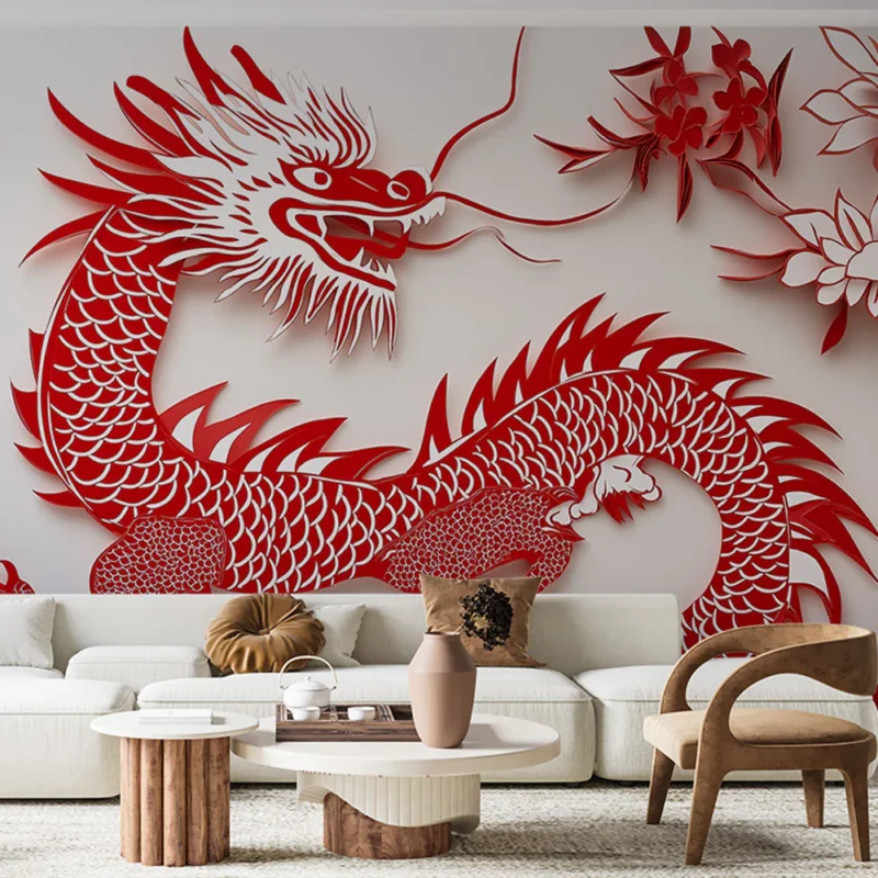 Nouvelle Collection Papier peint dragon Élégant motif de dragon rouge et fleurs en papier découpé