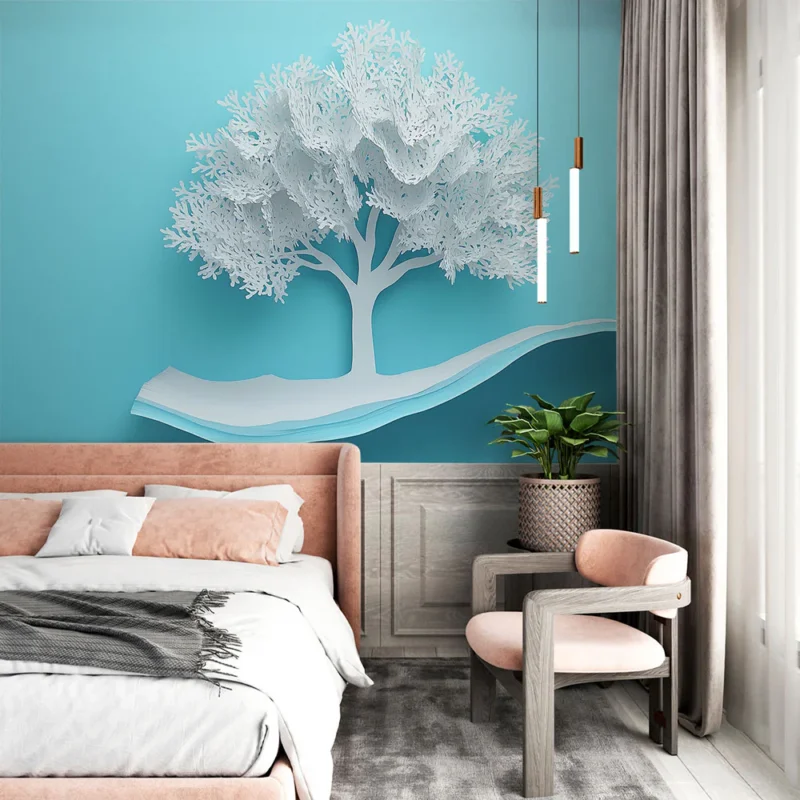 Acheter Direct Papier peint arbre en papier Élégante illustration d‘un arbre blanc sur fond bleu