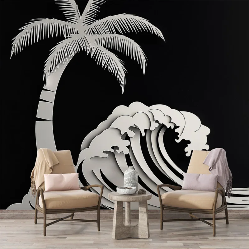 Haute Qualité Papier peint vague Vagues blanches et palmier en relief sur fond noir