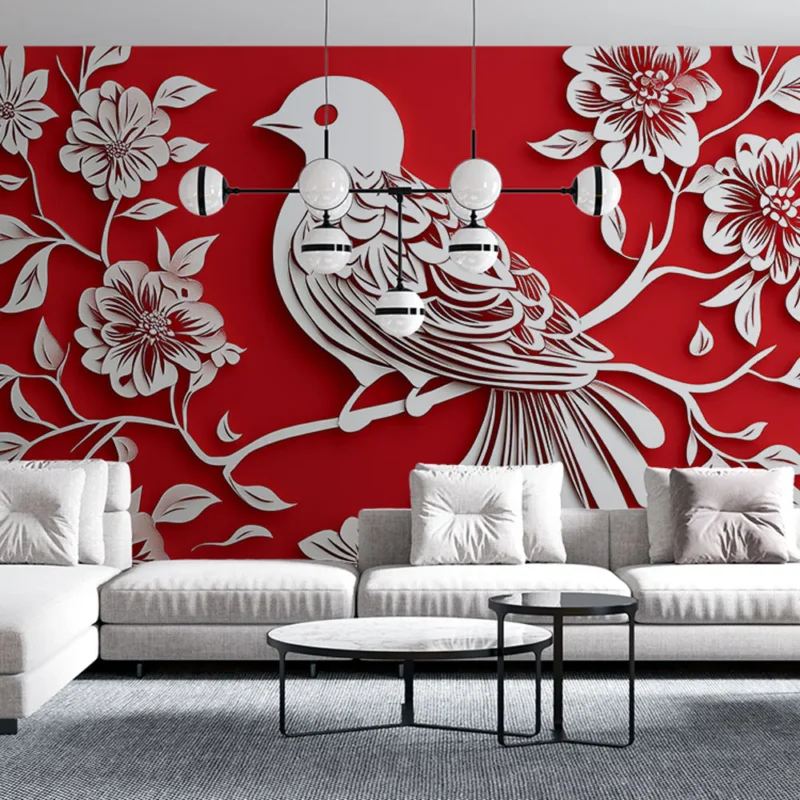 Offre Spéciale Papier peint oiseau floral Oiseau stylisé avec des fleurs blanches sur fond rouge